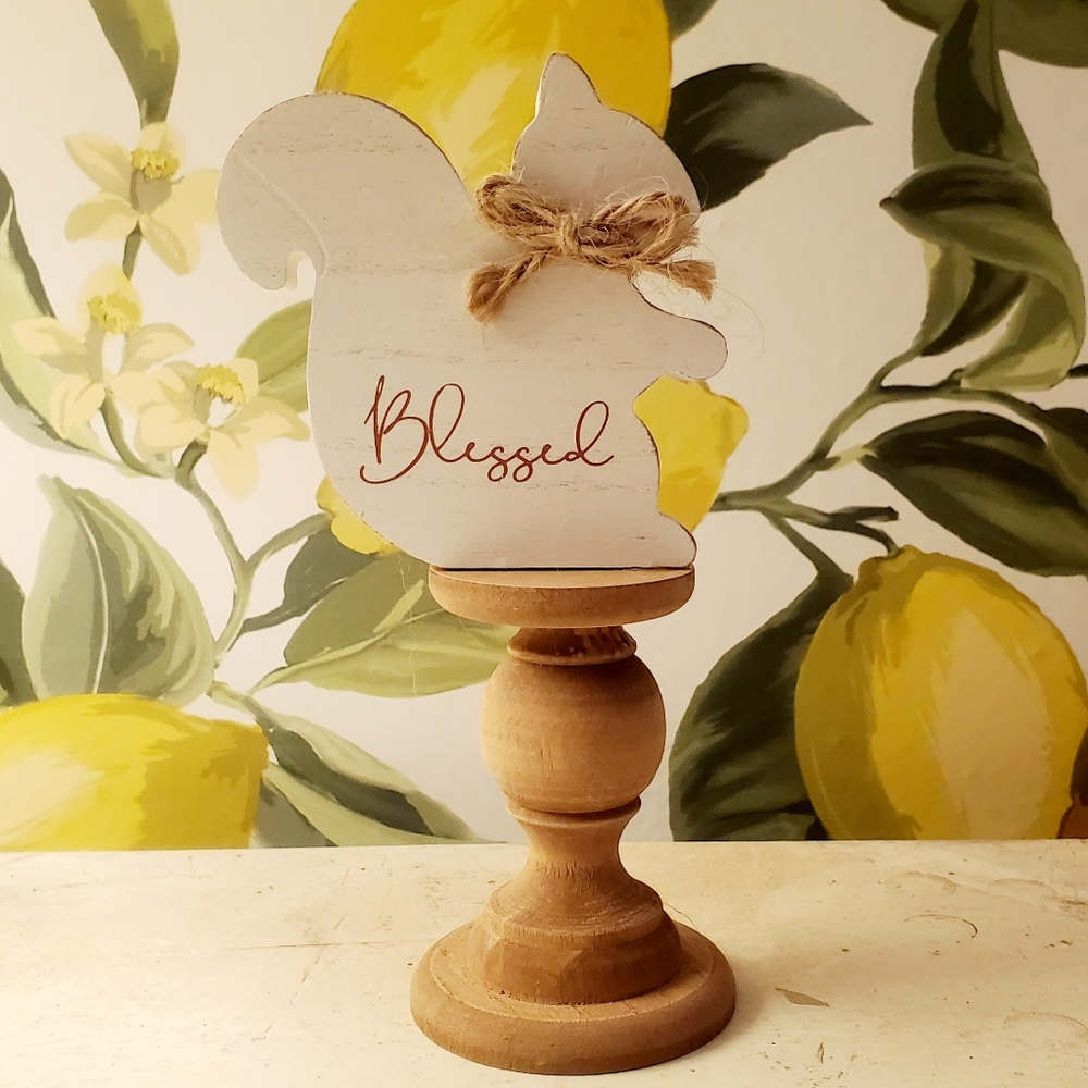 Wooden Squirrel Decor with 'Blessed' Sign